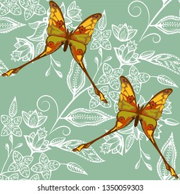 Tropical wildlife seamless pattern. Madagascar animals, butterfly, flowers ornament. Vector pattern.