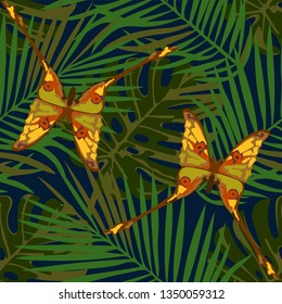 Tropical wildlife seamless pattern. Madagascar animals, butterfly, flowers ornament. Vector pattern.