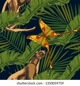 Tropical wildlife seamless pattern. Madagascar animals, butterfly, flowers ornament. Vector pattern.