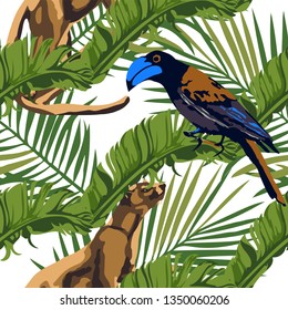 Tropical wildlife seamless pattern. Madagascar animals, butterfly, flowers ornament. Vector pattern.