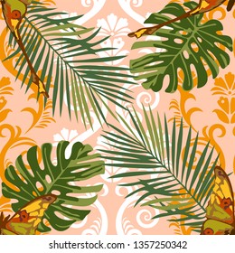 Tropical wildlife seamless pattern. Madagascar animals, butterfly, flowers ornament. Vector pattern.