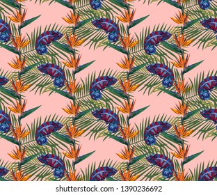Tropical wildlife seamless pattern. Madagascar animals, butterfly, flowers ornament. Vector pattern.
