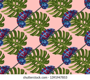 Tropical wildlife seamless pattern. Madagascar animals, flowers vector pattern