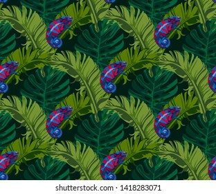 Tropical wildlife seamless pattern. Madagascar animals, flowers ornament. Vector pattern.