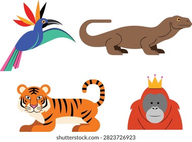 Tropical Wildlife Set featuring Tiger Komodo Dragon and Orangutan