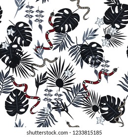 Tropical wildlife and Snake pattern. Repeating Seamless. Animal print and textile design. White background, vector illustration. Snake, palm tree, leaf. Fashionable print. 