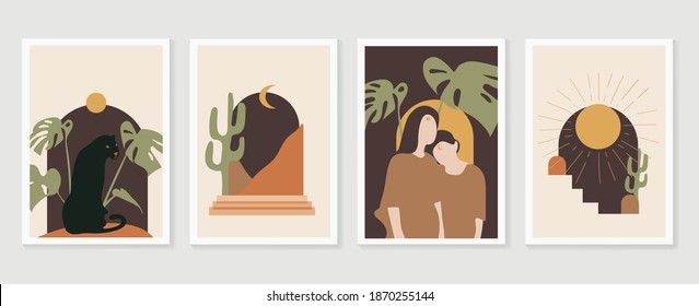 Tropical windows frame wall art vector.  Abstract arts design with couple , desert, sun and cactus, black jaguar sunset and monstera leaves background. Vector illustration 