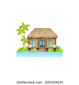 Tropical wooden house on water on seaside of island at sea or ocean beach, river cost with canoe boats, bungalow with balcony pier. Building at seashore or seaside, home at paradise, palm trees