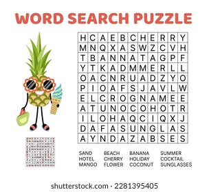 Tropical word search game puzzle for kids. Holiday, beach, fruits. English words. Flat, cartoon. Isolated vector illustration eps 10