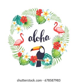 Tropical wreath with flamingo, toucans, exotic leaves and flowers. Vector illustration  
