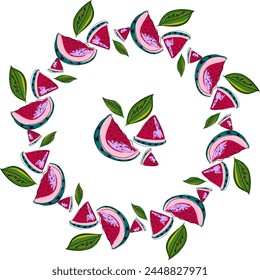 Tropical  wreath, frame. Vector decor, doodle style. Watermelon slices