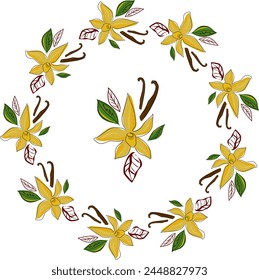Corona tropical, marco. Decoración de Vector, estilo garabato. 
Flores de vainilla