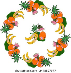Corona tropical, marco. Decoración de Vector, estilo garabato. Mandarinas y plátanos