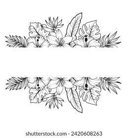 Tropical wreath with hand drawn outline leaves and tropical flowers, garden flowers and insects in sketch style.