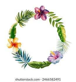 Tropical wreath with palm leaves for party invitations, posters and wedding. Watercolor exotic frame