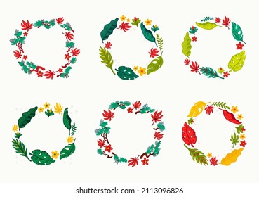 Tropical wreaths, a set of floral round frames with various leaves and flowers. Organic flat style vector illustration isolated on white background.