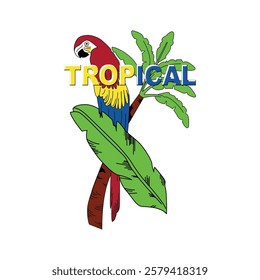 Tropical. Written in yellow and blue and behind the word a palm tree with a red, yellow and blue parrot. Vector for silkscreen, dtg, dtf, t-shirts, signs, banners, Subimation Jobs or for any applicati