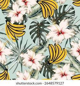 Tropical yellow banana fruits, hibiscus flowers, palm leaves, green  background. Vector seamless pattern. Floral illustration. Exotic plants. Summer beach design. Paradise nature