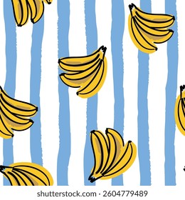 Tropical yellow banana fruits, striped background. Vector illustration. Seamless pattern. Exotic plants. Summer beach design. Paradise nature