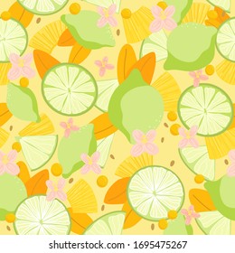 Tropical yellow  citrus seamless pattern. Lime, pineapple,flowers, berries. Bright exotic texture. Helthy vegeterian food. Fresh and juice fruits