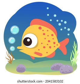 Tropical yellow fish. Little landscape. Underwater life. Wild animals. Ocean, sea. Summer water. Isolated on white background. Illustration in cartoon style. Flat design. Vector art.