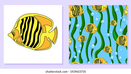 Tropical yellow fish. Textile design set. Seamless pattern with fish and print on clothes. Cute childish illustration. Toddler Clothing Design and Pajamas