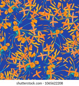 Tropical yellow  flowers seamless pattern colorful isolated hand drawn plants on blue background vector illustration 