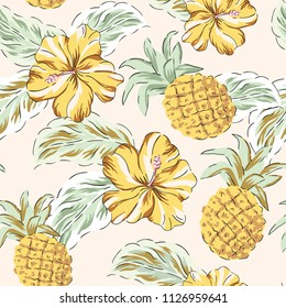 Tropical yellow hibiscus flowers, green palm leaves, pineapples background. Vector seamless pattern. Jungle illustration. Exotic plants and fruits. Summer beach floral design. Paradise nature