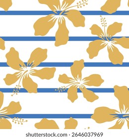 Tropical yellow hibiscus flowers silhouettes, blue stripes, white background. Vector seamless pattern. Floral flat illustration. Exotic plants. Summer beach design. Paradise nature