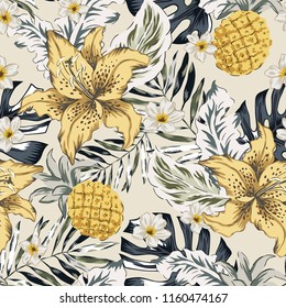 Tropical yellow lily flowers, pineapples, gray palm, monstera leaves, beige background. Vector seamless pattern. Jungle foliage illustration. Exotic plants. Summer beach floral design. Paradise nature