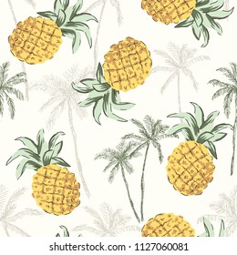 Tropical yellow pineapples, graphic palm trees on the white background. Vector seamless pattern. Jungle illustration. Exotic plants. Summer beach botanical design. Paradise nature