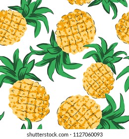 Tropical yellow pineapples on the white background. Vector seamless pattern. Jungle illustration. Exotic fruit plant. Summer beach floral design. Paradise nature