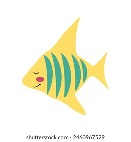 tropical yellow striped fish with sharp fins, sea animal. Vector cartoon illustration for stickers, children's books, products, room decoration.