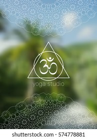 Tropical yoga banner with om symbol. Sacred geometry mandala on realistic tropic background. Sunny jungle. Good for yoga studio, tantra or meditation resort, flyer, card. Vector EPS10 illustration.