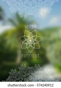 Tropical yoga retreat banner. Sacred geometry mandala on realistic tropic background. Sunny jungle. Good for yoga studio, tantra or meditation resort, flyer, invitation. Vector EPS10 illustration.