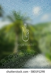 Tropical yoga studio banner. Sacred geometry mandala on realistic tropic background. Sunny jungle. Good for yoga studio, tantra or meditation resort, flyer, invitation. Vector EPS10 illustration.