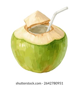 tropical young coconut with a straw, perfect for summer, drinks menu, and refreshing beverage design