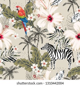 Tropical zebra animal, macaw parrot, hibiscus flowers, palm leaves, trees, beige background. Vector seamless pattern illustration. Summer beach floral design. Exotic jungle plants. Paradise nature