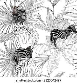 Tropical zebra animal, palm leaves, white background. Seamless pattern. Graphic illustration. Exotic jungle plants. Summer beach line black white floral design. 