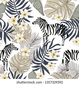 Tropical zebra animal, plumeria flowers, monstera palm leaves, white background. Vector seamless pattern illustration. Summer beach floral design. Exotic jungle plants. Paradise nature