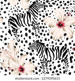 Tropisches Zebra-Tier, weiße Hibiskus-Blumen, Käsekütenhintergrund Vektornahtlose Mustergrafik. Blumendesign für den Sommer am Strand. Exotische Dschungelpflanzen. Paradies Natur