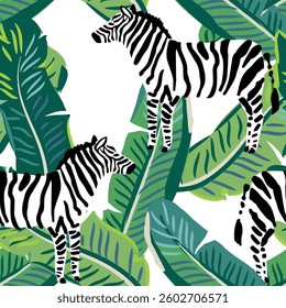 Tropical zebra, green banana palm leaves, white background. Vector seamless pattern. Jungle illustration. Exotic plants, animals. Summer floral design. Paradise nature