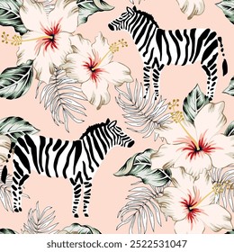 Zebra tropical, flores de hibisco, folhas de palmeira, fundo rosa avermelhado. Padrão sem emenda do vetor. Ilustração da selva. Plantas exóticas, animais. Design floral de verão. Natureza do paraíso