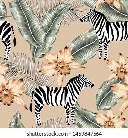 Tropical zebra, orchid flowers, banana palm leaves, beige background. Vector seamless pattern. Jungle illustration. Exotic plants, animals. Summer floral design. Paradise nature