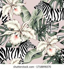 Tropical zebra, orchid flowers, green palm leaves, light background. Vector seamless pattern. Jungle illustration. Exotic plants, animals. Summer floral design. Paradise nature