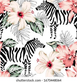 Tropical Zebra, Orchid Flowers, Palm Leaves, White Background. Vector Seamless Pattern. Jungle Illustration. Exotic Plants, Animals. Summer Floral Design. Paradise Nature