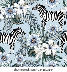 Tropical zebra, palm leaves, hibiscus, passion flowers bouquets, light blue background. Vector seamless pattern. Graphic illustration. Exotic jungle. Summer beach floral design. Paradise nature