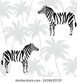 Tropical zebra, palm trees silhouettes, white background. Seamless pattern. Vector illustration. Exotic plants, animals. Summer beach design. Paradise nature