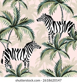 Tropical zebra, palm trees, silhouettes, blush background. Seamless pattern. Vector illustration. Exotic plants, animals. Summer beach design. Paradise nature