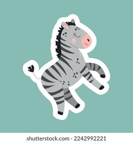 Tropischer Zebra-Aufkleber. Reaktion für Instant Messenger und soziale Netzwerke. Exotisches Schwarz-Weiß-Tier. Spielzeug und Maskottchen für Kinder, bezaubernder und süßer Charakter. Cartoon-Flavektor-Vektorgrafik